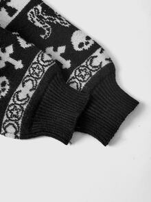 ROMWE Grunge Punk 暗黑哥德風櫻桃骷髏刺繡對比色短版寬鬆針織開襟衫 - 黑色 - 查看 4