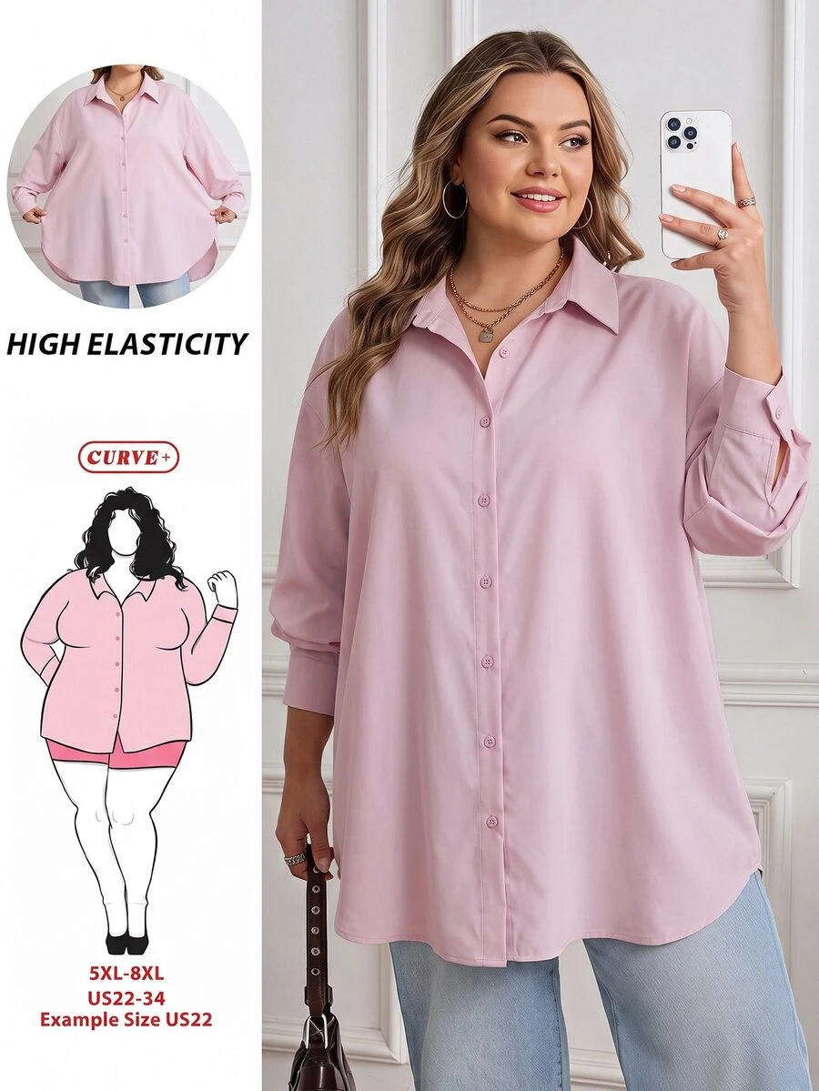 SHEIN CURVE+ Plus Size Autumn Winter Loose White Basic Long-Sleeved Button-Down Shirt Blouse Tops Old, 2026 22W Fall - Pink - View 1
