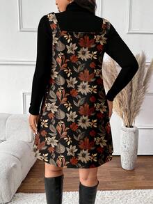 SHEIN Frenchy Casual 2-delat set för kvinnor i plus size med topp med fallande lönnlövsprint och enfärgad klänning, ny höststil - Multifärgad - Visa 2