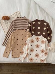 SHEIN تي شيرت كاجوال بياقة عالية وأكمام طويلة للفتيات الصغيرات - متعدد الألوان - مشاهدة 2