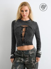 BAD SUNDAY Women's Autumn/Winter 2 In 1 Washed Tie-Front Knit Top, Vintage Y2K Style - Grey - View 1