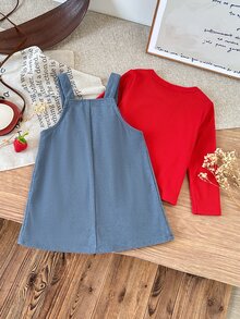 SHEIN Baby Girl Casual Comfortable Daily Versatile Red Long Sleeve Top With Fuzzy Strawberry Patchwork Overall Dress Set - Multicolor - View 2