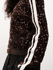 Maija Jaket Wanita Berpayet Bergaris Warna Blok dengan Resleting - Coklat - View 5