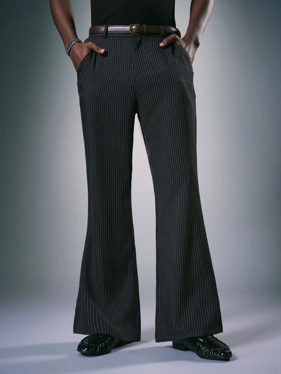 STYNVO Men's Striped Casual Daily Travel Flared Pants With Pockets - Black - View 1