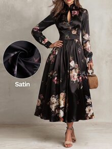 Solivie Women's Autumn Black Printed Chinese Style Dress - Black - View 8