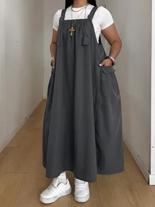 POPSWAY 大尺碼女款休閒柔軟修身通勤正式辦公實用白色淡彩色吊帶連身裙 秋季 - 灰色 - 查看 5