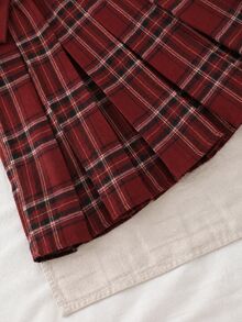 SHEIN Tween女孩秋季服飾，抓絨內裡學院風衛衣與格紋百褶裙2件套套裝 - 酒紅色 - 查看 3