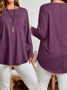 EMERY ROSE Plus Size Fall Women Solid Round Neck Long Sleeve Casual T-Shirt,Spring/Summer/Vacation - Purple - View 7