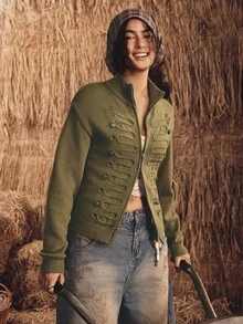 SHEIN Women's Autumn/Winter Solid Color Hand-Embroidered Napoleon Button Knit Cardigan With Zipper, Half-High Stand Collar, Vintage Elegant Sweater Jacket - Green - View 5