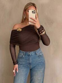 Auralis Plus Size Asymmetrical Shoulder Metal Buckle Decor Cinched Waist Long Sleeve Mesh High Elastic Brown Bodysuit/Elegant Party Winter - Brown - View 1