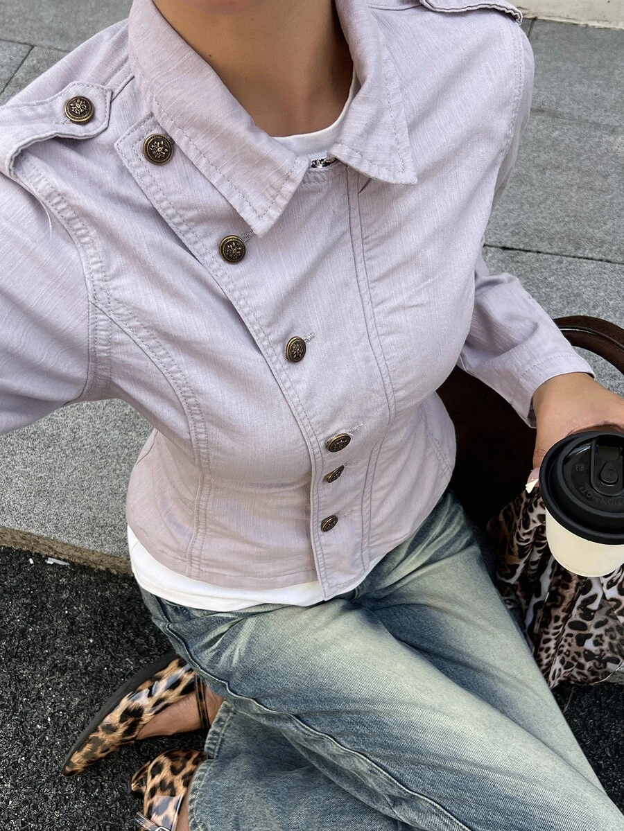 Livesso Women's Light Gray Washed Loose Fit Long Sleeve Cropped Denim Jacket With Collar, Buttons And Pocket Decor, Autumn - Light Grey - View 1