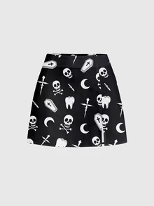 ROMWE Grunge Punk Chân váy mini xẻ tà gợi cảm cho nữ, họa tiết đầu lâu kinh dị rừng tối bí ẩn - màu đen - Xem 1