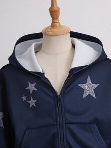 SHEIN 青少年女孩休閒數位印花星星圖案連帽夾克長袖拉鍊運動衫海軍藍外套口袋款秋冬外衣 - 藍色 - 查看 3