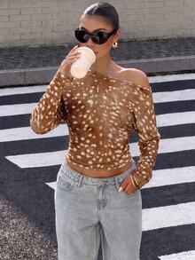 Muchica 女款海軍藍與黃色條紋 T-shirt，夏季休閒日常穿搭蝙蝠袖不對稱領上衣，復古學院風馬匹印花街頭風 - 彩色 - 查看 6