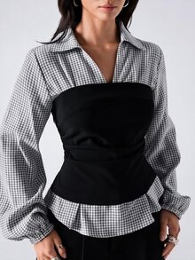 LYSMO Colorblock Patchwork Plaid Cinched Waist Shirt - Black - View 7