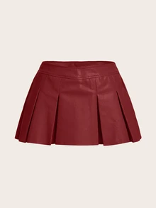 SHEIN ICON 女款純色百褶時尚百搭迷你裙 - 酒紅色 - 查看 2