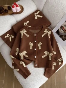 Tween Girl Bow Pattern Long Sleeve Top And Pants Knit Set - Brown - View 4