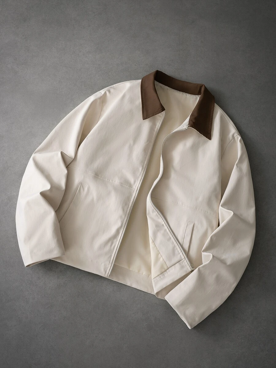 Manfinity Roghcode Men's Colorblock Zipper Casual Versatile Long Sleeve Jacket - Khaki - View 1