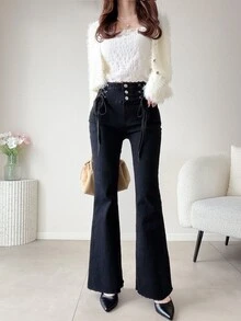 FRIFUL Women's Sexy Button Lace-Up Flared Jeans - Black - View 4