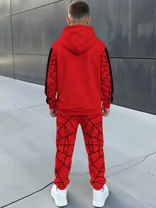Tween Boy Casual Minimalist Long Sleeve Hooded Comfortable Sweatshirt 2 Pieces Set, Suitable For Autumn/Winter, Spider Web Spider Contrast Color Thickened Fleece Lined Sweatshirt Set With Cartoon Pattern - Multicolor - View 4