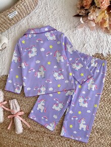 SHEIN 女嬰卡通印花上衣與長褲居家服套裝 - 紫色 - 查看 2