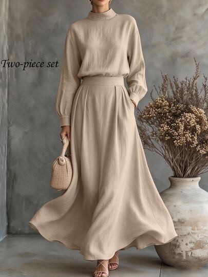 SHEIN Casual Vacation Minimalist Women's Stand Collar Long Sleeve Shirt And Skirt 2 Pieces Set, Khaki Color Autumn/Winter New Style Suitable For Office Commute And Daily Wear