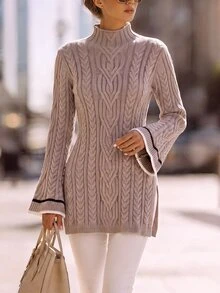 Wandoria Women's Autumn New Single Piece Semi-High Neck Classic Rope Pattern Side Slit Design Unique Fashion Elegant Lady Slim Fit Daily Commute Knit Pullover Long Sleeve Sweater - Khaki - View 4