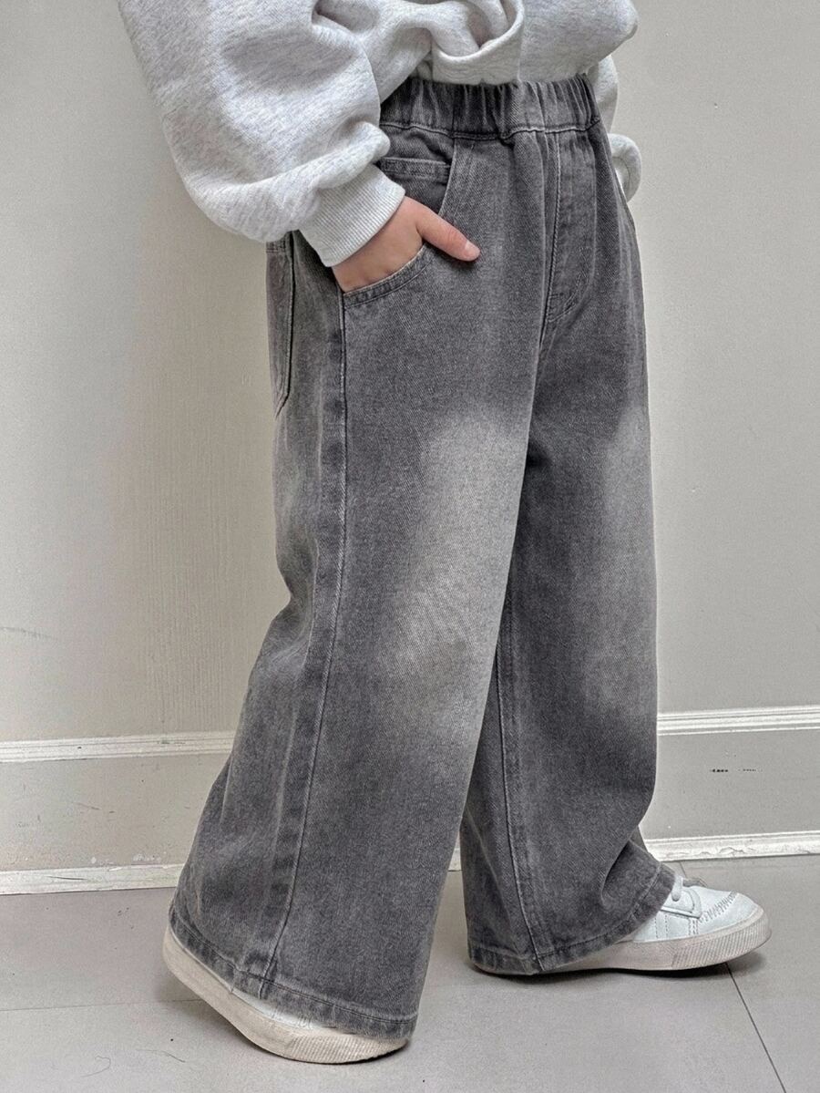 Dazy Kids 小男孩純色斜口袋鬆緊腰休閒牛仔褲 - 灰色 - 查看 1