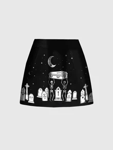 ROMWE Chân váy mini xẻ tà gợi cảm cho nữ, họa tiết đầu lâu Gothic rừng tối bí ẩn - màu đen - Xem 2