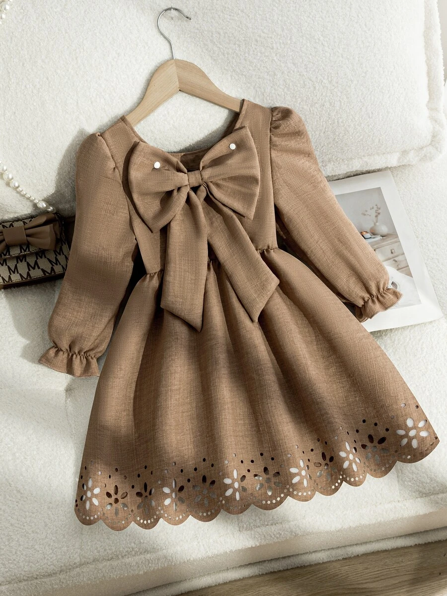 SHEIN Young Girls Spring/Autumn New Woven Solid Color Minimalist Fashion Square Neck Long Sleeve Dress With Back Square Neck Design, Detachable Large Bow, Voluminous Hem With Side Ruching, Versatile Princess Dress For Autumn Outings, Beach Vacations, Parties And Gatherings - Khaki - View 1