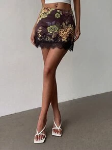 Aloruh 女款蕾絲拼接花卉圖案休閒日常迷你裙 - 彩色 - 查看 4