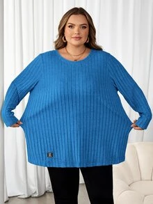 SHEIN CURVE+ 大尺碼女款字母印花拼接設計 T-shirt 藍綠色 秋季 - 寶藍色 - 查看 4