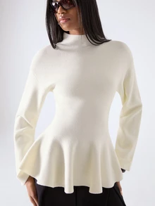 LYSMO Women's Cinched Waist Ruffle Hem Long Sleeve Sweater - Apricot - View 1