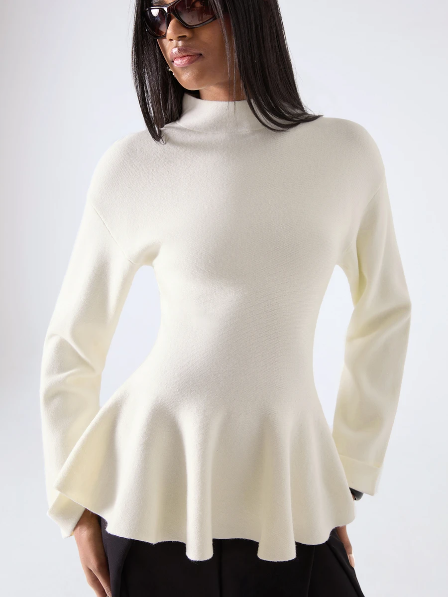 LYSMO Women's Cinched Waist Ruffle Hem Long Sleeve Sweater - Apricot - View 1