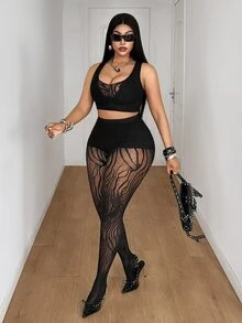Maweii طقم نسائي مقاس كبير من ملابس علوية وبنطلون بتصميم شبكي مرقع مثير - الأسود - مشاهدة 5