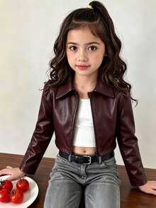 SHEIN Elladie kids 少女秋季時尚百搭花瓣袖夾克外套 - 酒紅色 - 查看 1
