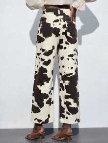 Maija 女款短版直筒豹紋印花牛仔褲，百搭牛仔褲，夏季牛仔褲，通勤、破邊、休閒、優雅、度假、約會 - 彩色 - 查看 2