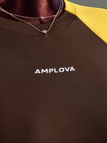 Amplova 女款字母對比色插肩袖短袖露背運動連身褲，藍白配色，性感運動繃帶健身連身衣，適合健身房、健身、皮拉提斯 - 棕色 - 查看 6