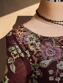SHEIN ICON 大尺碼復古 Y2K 中式花卉印花喇叭袖不對稱下擺網眼針織上衣 秋季 - 酒紅色 - 查看 9