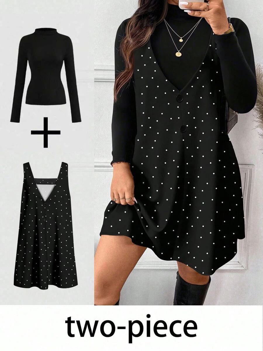 SHEIN Frenchy طقم نسائي كاجوال مقاس كبير من قطعتين: توب بنقشة بولكا دوت وفستان بلون سادة، ستايل جديد للخريف - متعدد الألوان - مشاهدة 1