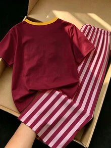 夏/秋季少女休閒時尚極簡風黃色條紋騎單車小狗圖案短版T恤與酒紅配粉色垂直條紋寬腿褲套裝 - 彩色 - 查看 2