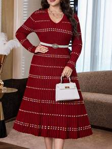 Modelyn Plus Size Women's Colorblock Casual Everyday Knit Dress - Burgundy - View 6