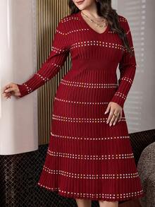 Modelyn Plus Size Women's Colorblock Casual Everyday Knit Dress - Burgundy - View 4