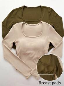 INAWLY Women's Casual U-Neck 2 Pieces Set Tops With Padded Chest, Autumn/Winter - Multicolor - View 2