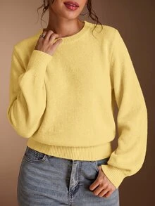 SHEIN BASICS 女款休閒百搭米白色圓領長袖針織毛衣，秋季女裝，適合上班、日常、居家、辦公室穿搭 - 淡黃色 - 查看 3