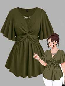 EMERY ROSE Plus Size Women's Spring/Summer V-Neck Knit Top With Chain, Ruffle Hem And Twist Waist Design, Elegant And Graceful A-Line - Army Green - View 1