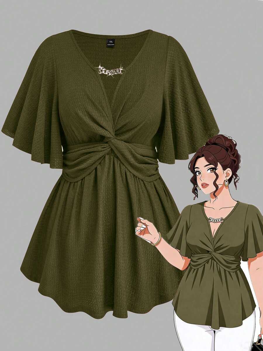 EMERY ROSE Plus Size Women's Spring/Summer V-Neck Knit Top With Chain, Ruffle Hem And Twist Waist Design, Elegant And Graceful A-Line - Army Green - View 1