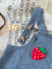 SHEIN Baby Girl Casual Comfortable Daily Versatile Red Long Sleeve Top With Fuzzy Strawberry Patchwork Overall Dress Set - Multicolor - View 6