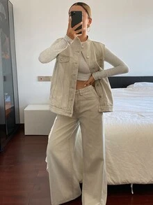 DAZY Women's Loose Vest And Long Pants Casual Denim Set - Khaki - View 5