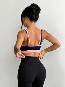 Dewbera Dewbera 1pc Black Pink Contrast Fake TwoPiece Sports Bra, Adjustable Straps, Slim Fit, Suitable For Yoga, Workout, Fitness, Summer - Black - View 2